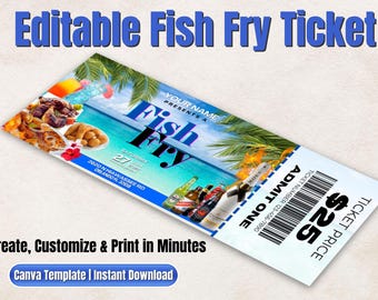 Puede incluir: Un boleto azul claro y blanco para un evento Fish Fry. El boleto presenta una escena de playa tropical con palmeras, comida y bebidas. El texto incluye "Fish Fry", "Saturday" y "Admit One".