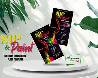 Sip and Paint Birthday Party Flyer | Wine Night Canva Template (Digital)