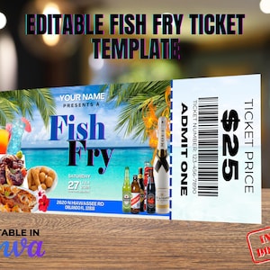 Bearbeitbare Fish Fry Ticket Vorlage | Canva Event Ticket | Druckbare Fundraiser-Eintrittskarte | Sofort Download