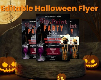 Gruseliger Sip and Paint Party Flyer | Halloween Kostüm Event-Einladung | Bearbeitbare DIY Canva Vorlage