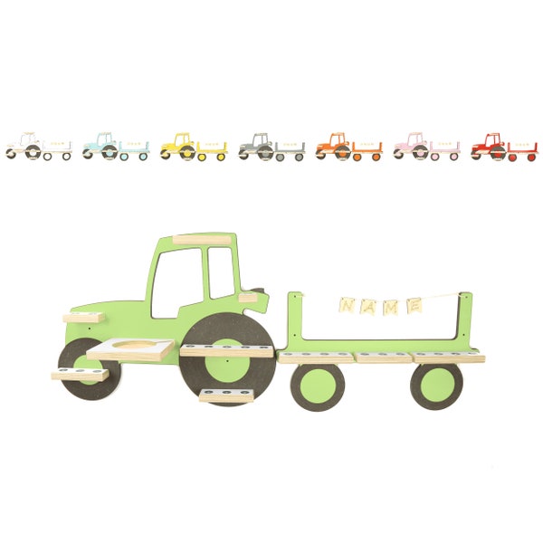 Traktor mit Anhänger und Wunschname Regal für magnetische Figuren Tonie Tonieregal Box Musikboxregal