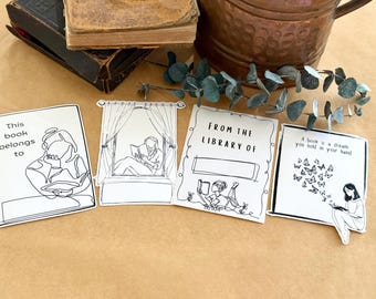 Ex-libris para Meninas Leitoras – Conjunto de 4 Ex-libris de Vinil Minimalistas | Ex-libris Autoadesivos para Amantes de Livros
