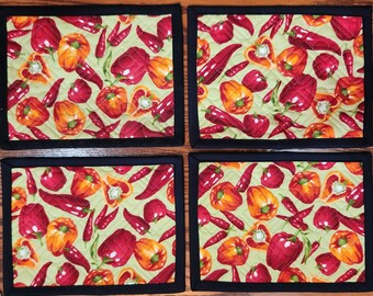 Handmade Quilted Hot Pepper Mug Rugs - Set of 4 - 8.5" X 11.5"