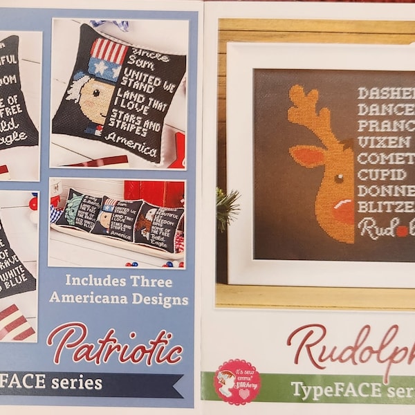 Set of 2 Cross Stitch Patterns by It's Sew Emma - TypeFACE Series - Patriotic & Rudolph