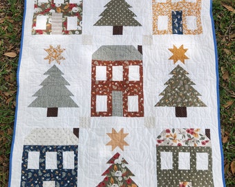 Handmade Quilt Christmas Trees and Houses - Quality Moda Fabrics Used - 37" X 50"