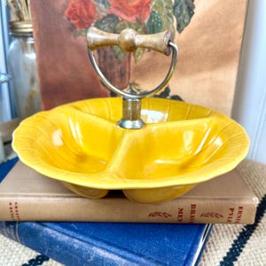 Vintage MCM California Pottery Divided Dish with Wood Handle, V-149