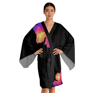 Elegant Black Kimono with Neon Skull & Floral Design, kimono robes, kimono, kimono robe, kimono jacket