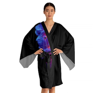 Elegant Black Kimono with Neon Skull & Floral Design, kimono, kimono robe, kimono jacket
