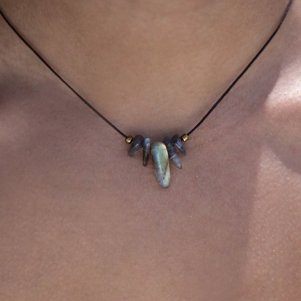 Labradorit-Naturstein-Halskette – Mondstein-Halsband – Boho-Halskette – Surfer-Halskette – Strandschmuck – Geschenk für Sie