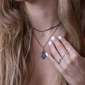 Double bohemian necklace - Silver pendant brass - Blue crystal necklace -Silver boho pendant - Boho necklace for her - Choker -Surf necklace