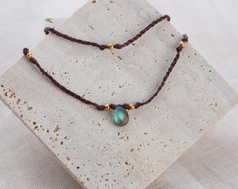 Labradorit Stein Tropfen Seil Fußkettchen Vegan Leder Boho Fußkettchen Surfer Fuß Armbänder