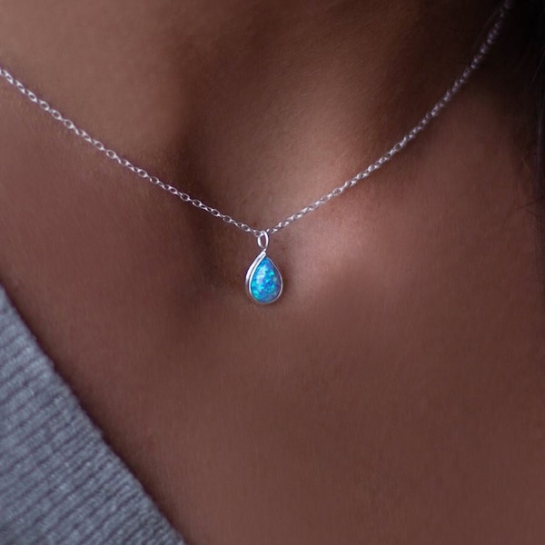 Blue Opal Drop Pendant Necklace in 925 Silver - Lab Opal Pendant - Teardrop Silver Necklace - Silver Chain - Sterling silver tiny pendant