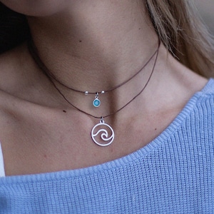 Double wave necklace - Wave pendant stainless steel - Blue crystal necklace - silver wave pendant - Ocean wave necklace for her - Surfer