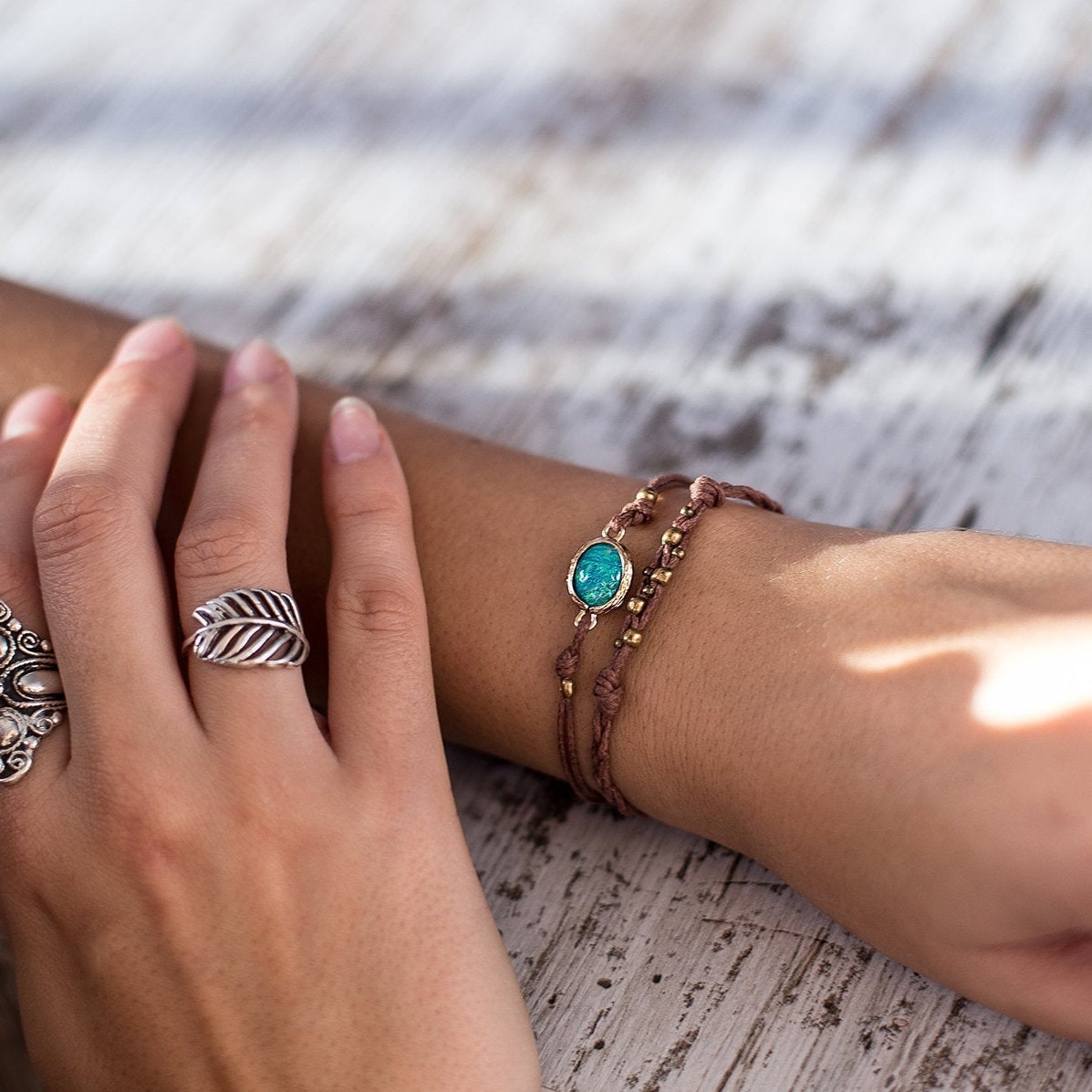 Blue or White Hawaiian Opal Adjustable Bracelet Handmade Beach Surfer Jewelry Handmade Boho Gift for Her