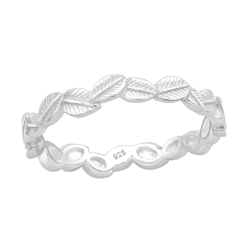 May include: A silver ring with a delicate design of leaves around the band. The ring is marked with "925" on the inside.