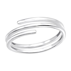 May include: A silver ring with three bands that wrap around the finger.