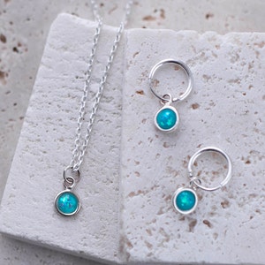 Opal Set Necklace Earrings Sterling Silver - Tiny blue opal Lab created pendant - Matching opal set -  Perfect gift for her -Sterling silver
