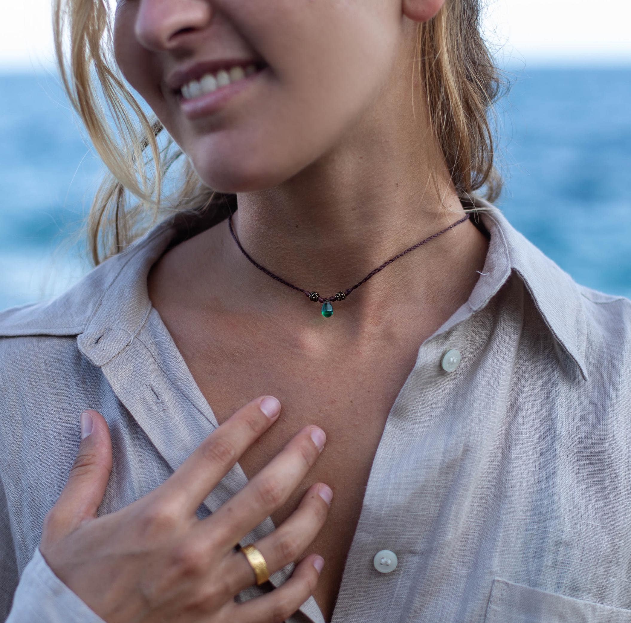 Crystal teardrop choker in different colors Brown rope necklace Bohemian glass anklet Surf anklet Ankle bracelet for woman