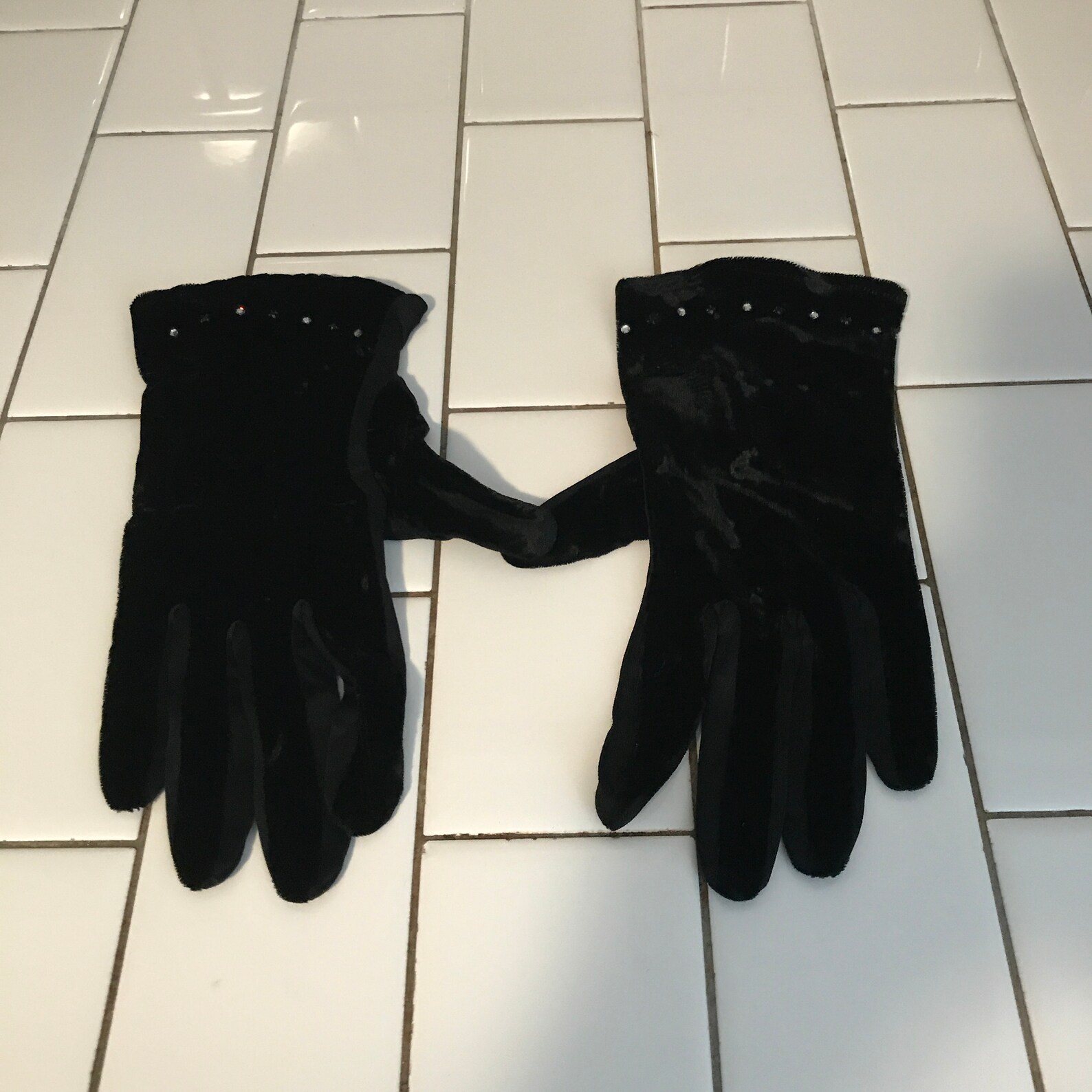 Vintage pair of black dress velvet gloves rhinestone cuffs Etsy