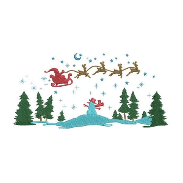 Encantador bordado a máquina: Trineo de Papá Noel volando a través del cielo nocturno sobre el bosque de pinos - Descarga instantánea - 2 tamaños