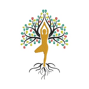 May include: A stylised illustration of a person in a yoga pose, forming the trunk of a tree with roots and leaves. The person is orange, the leaves are green, yellow, and red, and the roots are black.