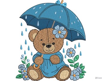 Süßer Teddy Bär mit Regenschirm Maschinenstickerei Design Digital Download 2 Größen