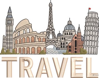 Travel Landmark Skyline Design - Machine Embroidery Design -City Skyline Embroidery Pattern - Building Embroidery -Digital Download  2 sizes