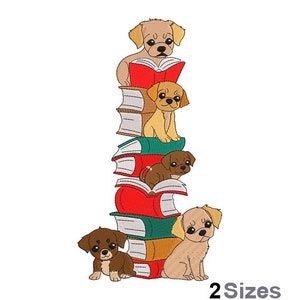 May include: Five brown and tan puppies are stacked on top of each other, reading books. The puppies are smiling and have big eyes. The books are red, green, and white.