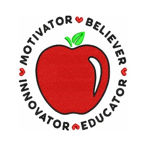 May include: A red apple with a green leaf on top, surrounded by a black circle with the words "Motivator, Believer, Innovator, Educator" and red hearts.
