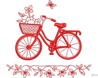 Floral Fahrrad Stickmaschine Stickmuster - Vintage Fahrrad mit Blumenkorb Stickmuster - Digital Instant Download - 2 Größen