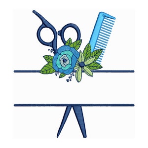 May include: A blue and green floral design with a pair of scissors and a comb. The design is perfect for a hair salon or stylist.