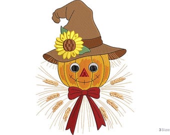 Kürbis Vogelscheuche Stickdatei - Sonnenblumen Hut Maschinenstickerei Design - Herbst Ernte Dekor - Digital Download - 3 Größen