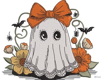 Cute Ghost Floral Machine Embroidery Design Digital Download  2 sizes, Halloween Spooky Embroidery