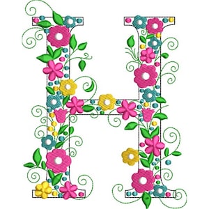 May include: Embroidered letter "H" adorned with pink, yellow, and blue flowers, green leaves, and swirling vines. The floral design is set against a white background, creating a decorative and colorful alphabet design.