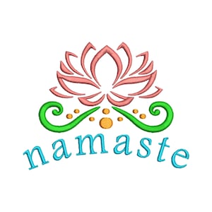 May include: A pink lotus flower with green swirls and gold dots, with the word "namaste" in blue below.