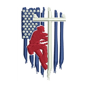 May include: An embroidered patch depicting a red silhouette of a person climbing a utility pole, with a white cross and a distressed American flag in the background.
