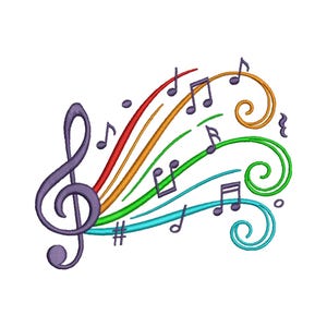Notas musicais com redemoinhos e símbolos, design de bordado à máquina, desenhos de bordado de música, padrões de bordado, arquivos de bordado, download instantâneo