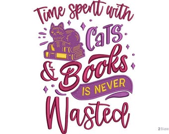 Katze und Buch Liebhaber Stickdatei - lesende Katze Maschinenstickerei - Sofort Download Digital - 2 Größen