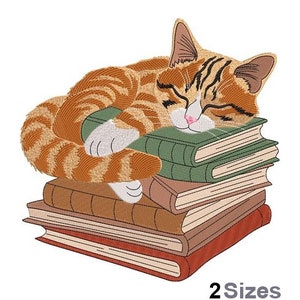 May include: A brown and orange tabby cat is sleeping on a stack of books. The cat is curled up on the top book, with its head resting on the second book. The books are all different sizes and colors.