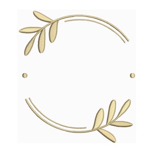 May include: A gold-colored wreath with two sets of leaves on either side of a circle.