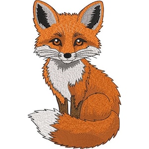 May include: Embroidered image of a fox in a seated position. The fox has orange fur with white accents on its chest and tail. The fox's ears are black-tipped, and it has brown eyes. The image is a detailed illustration, likely for embroidery or a similar craft.