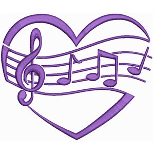 May include: Purple heart-shaped design with musical notes and a treble clef inside. The notes are on a musical staff.