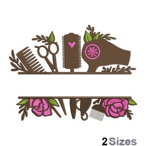 May include: Embroidered design featuring hairdressing tools, including a comb, scissors, a hairdryer, and a brush, with pink flowers and green leaves. The design is split in half with the text "2 Sizes" at the bottom.