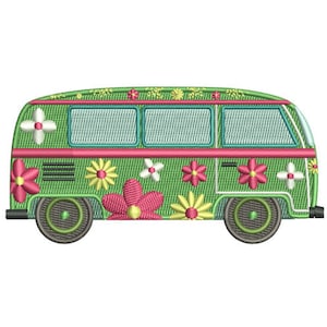 Flower Van - Machine Embroidery Design / Green Van Machine Embroidery Instant Download Vehicle/ 2 Sizes - 4x4 and 5x7 Hoop Size