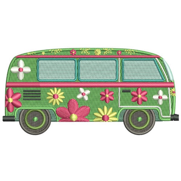 Flower Van - Machine Embroidery Design / Green Van Machine Embroidery Instant Download Vehicle/ 2 Sizes - 4x4 and 5x7 Hoop Size