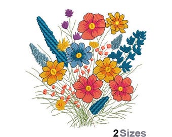May include: Embroidered design of a colourful bouquet of flowers with blue, yellow, orange, and pink flowers. The flowers are surrounded by green leaves and stems.