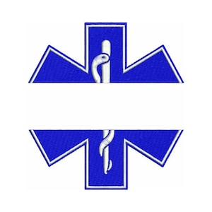 May include: A blue and white Star of Life medical symbol with a white snake and staff in the center.