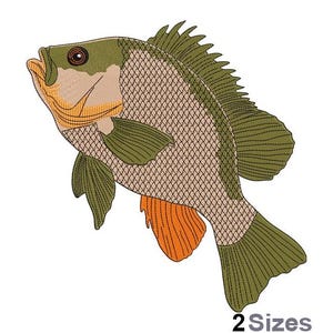 May include: Green and orange embroidered fish design with a detailed pattern. This design is available in two sizes.