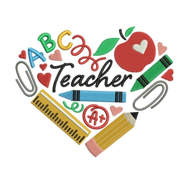 Teacher Heart Embroidery Design: School Supplies Themed Design - Machine Embroidery Design - 2 Sizes