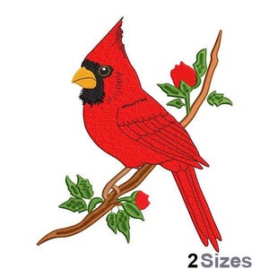 May include: Red cardinal bird perched on a branch with green leaves and red berries. The bird has a black eye and a yellow beak. The image is an embroidery design.
